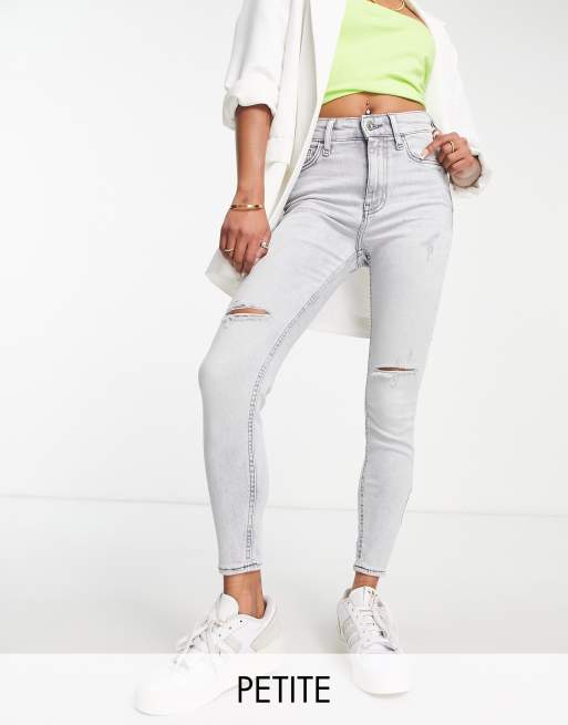 River Island Petite high rise sculpt skinny jeans in light grey | ASOS