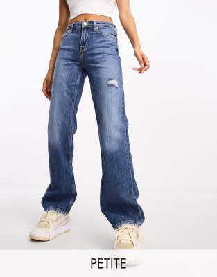 high waist straight leg jeans in mid blue wash