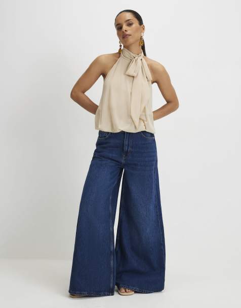 River Island Petite High waisted soft wide leg jeans in denim - dark - view 1