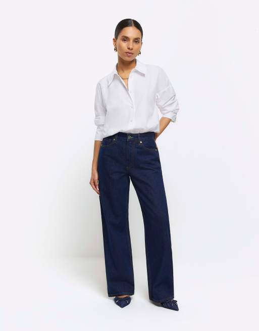 River Island Petite high waisted straight jeans in denim blue | ASOS