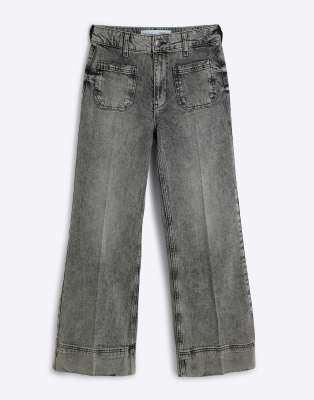 River Island Petite high waisted wide leg jeans in grey - light