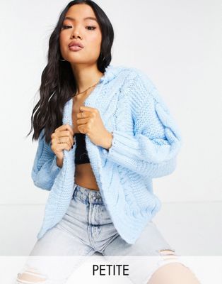 River Island Petite hooded cable knit cardigan in blue