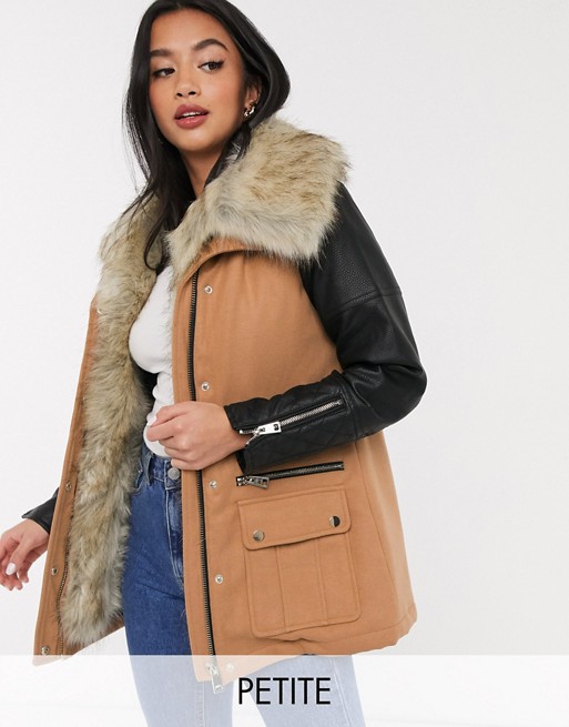 River Island Petite jacket with faux leather sleeves in camel