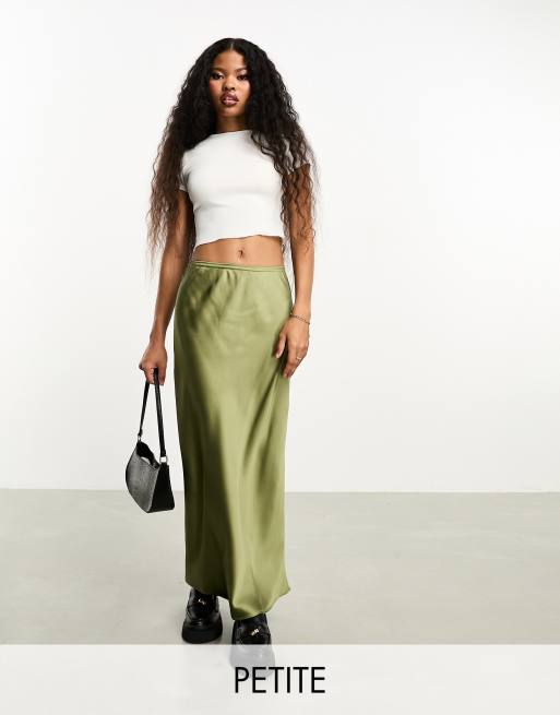 River Island Petite Jupe longue satinee coupee en biais Olive ASOS