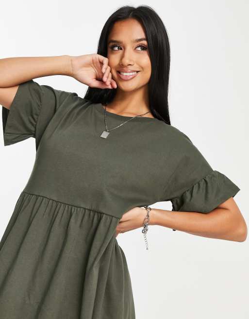 River Island Petite - Kakifarvet smock-minikjole med flæser, 3 af 4