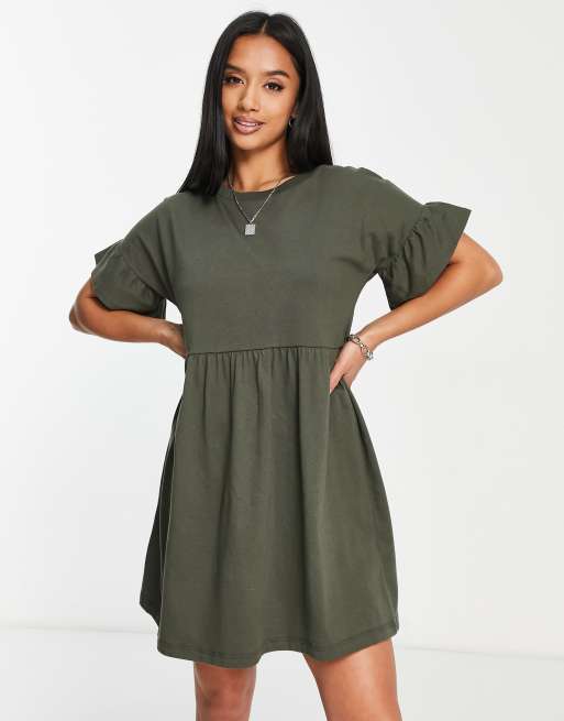 River Island Petite - Kakifarvet smock-minikjole med flæser, 4 af 4