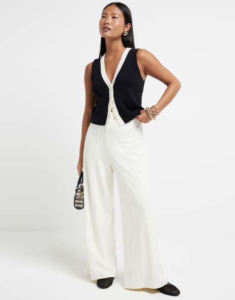 River Island Petite wide leg pleated trouser in cream