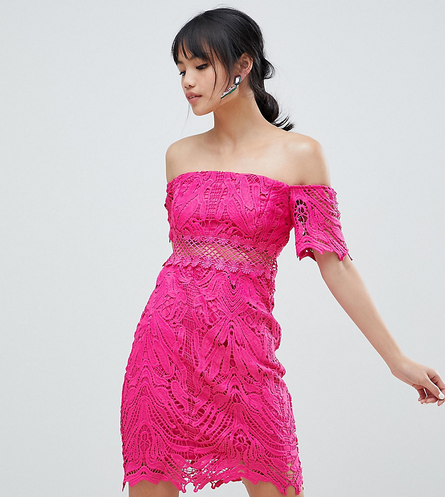 River Island Petite Lace Bardot Mini Dress-Pink
