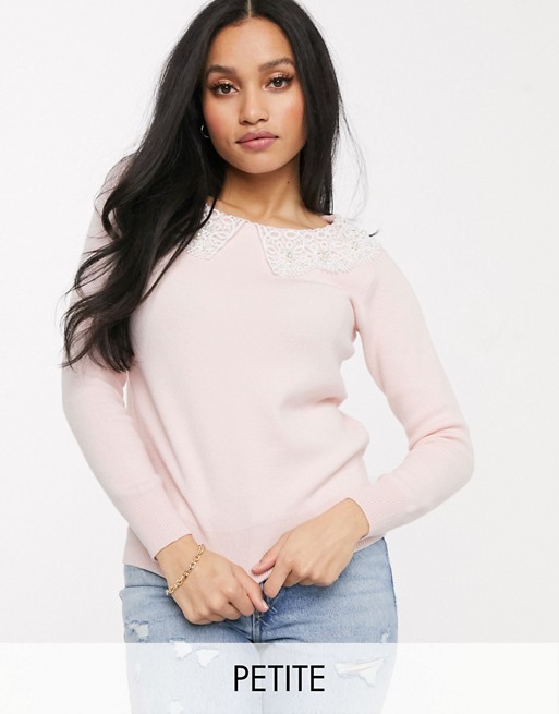 River Island Petite lace collar detail jumper in pale pink