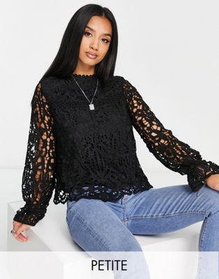 River Island Petite lace detail blouse in black