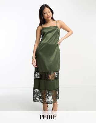 River Island Petite lace detail slip dress in khaki-Green