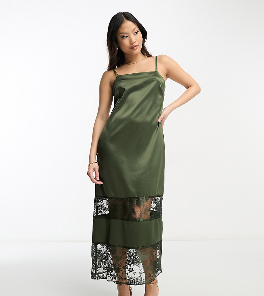 River Island Petite lace detail slip dress in khaki-Green