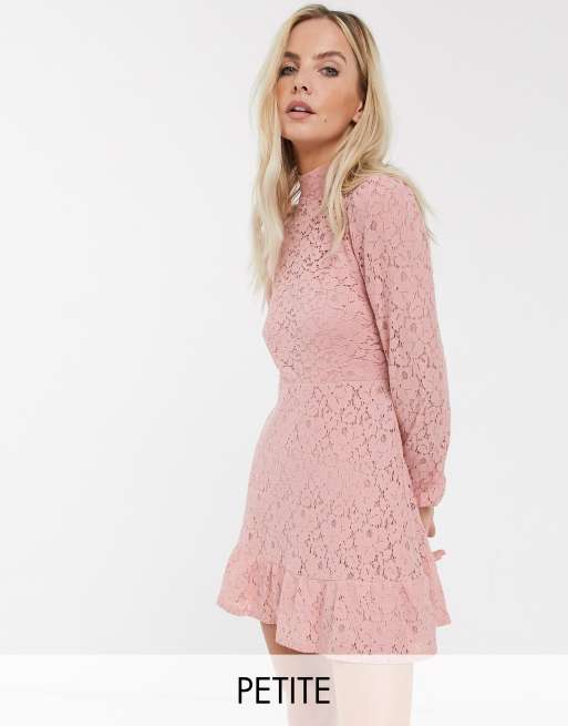 River Island Petite lace high neck swing dress in pink | ASOS