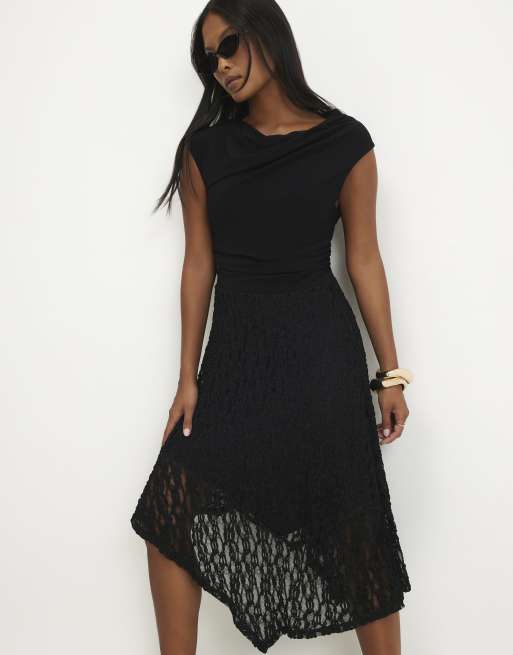 River Island Petite Lace hybrid drape dress in black, 2 of 4
