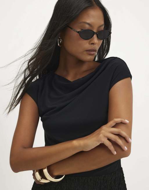 River Island Petite Lace hybrid drape dress in black, 3 of 4