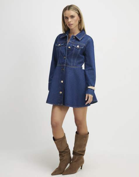 River Island Petite long sleeve denim mini dress in medium denim