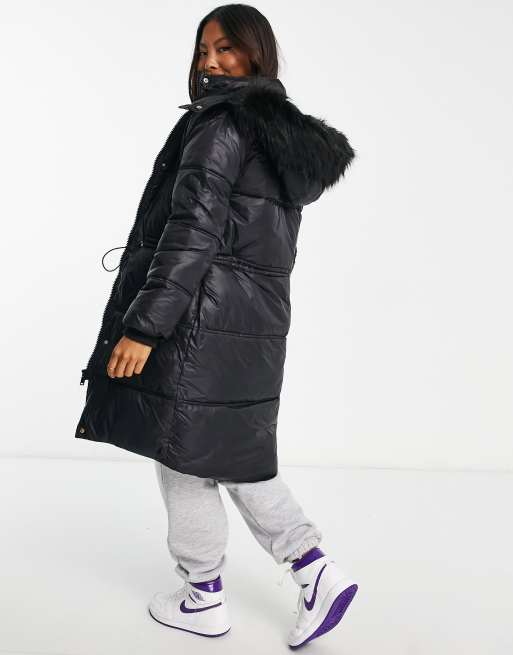 River island puffer jacket store with hood in black