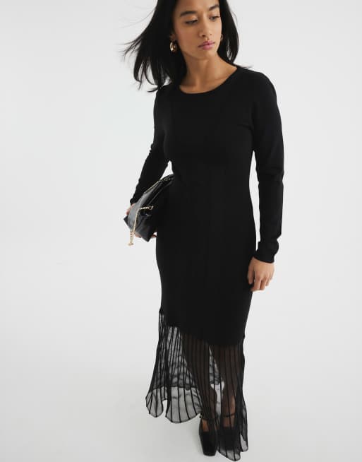 River Island Petite mesh hem maxi dress in black