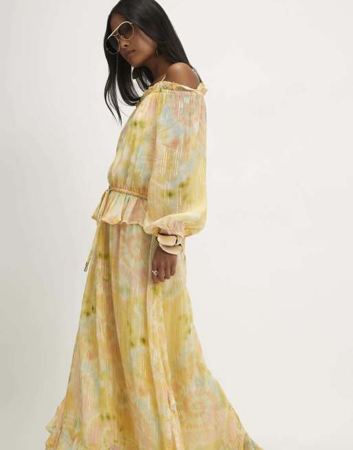 River Island Petite Metallic tie dye maxi dress in yellow, 3 of 4