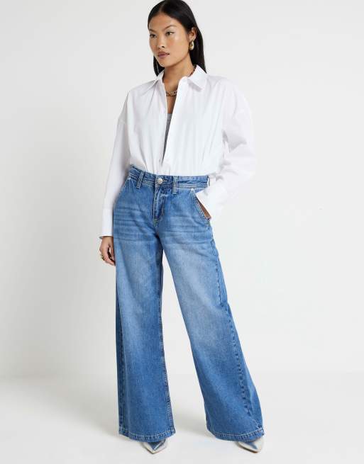 River Island Petite mid rise baggy wide leg jeans in denim medium ASOS