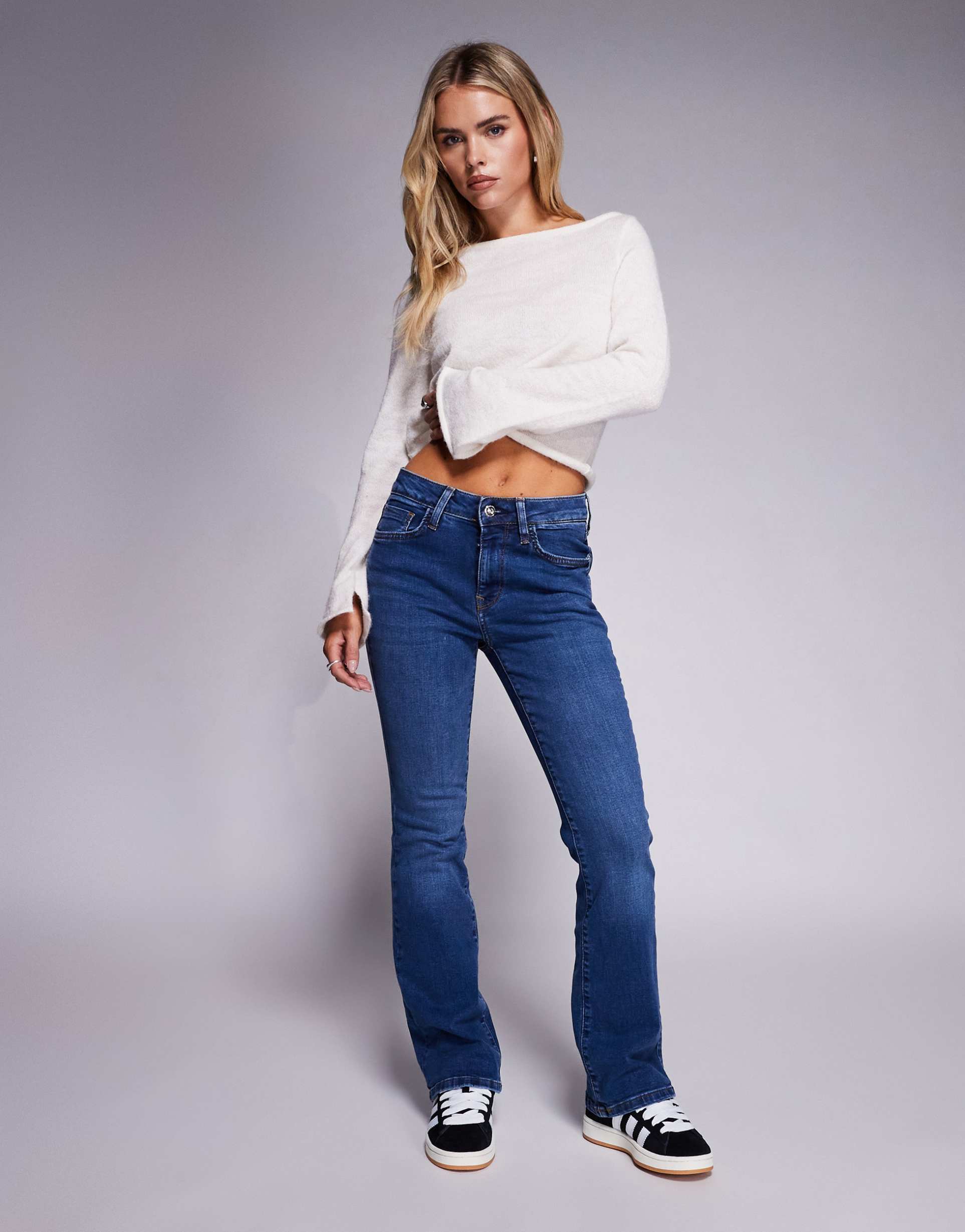 river island petite mid rise bootcut jeans in medium denim