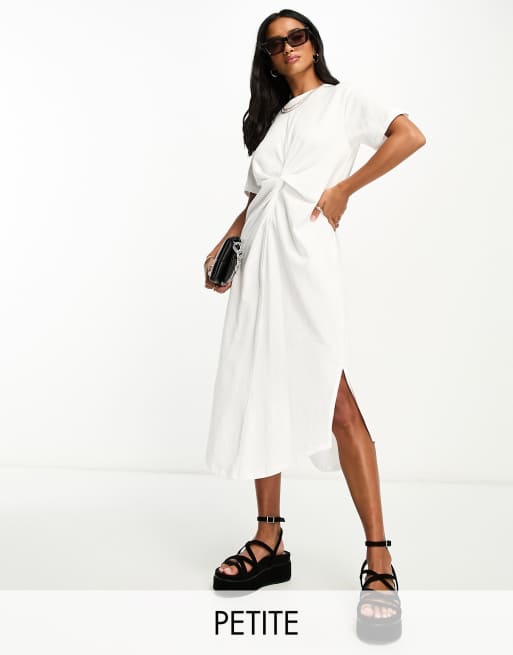 River Island Petite – Midi-T-Shirt-Kleid in Weiß mit verdrehter Vorderseite