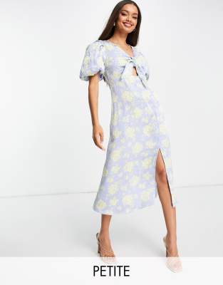 River Island Petite - Midikleid in Blau mit Blumenmuster und Schnürung vorne