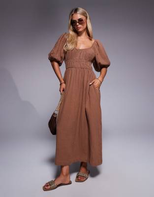 River Island Petite - Midikleid in steinbeiger Leinenoptik mit Puffärmeln-Neutral