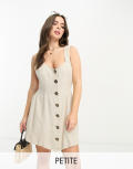 River Island Petite mini dress with button detail in beige linen-Neutral