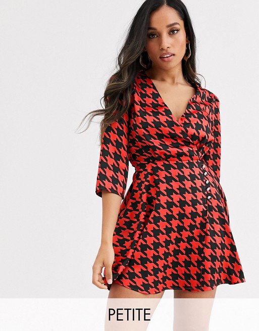 River Island Petite mini wrap dress in red houndstooth