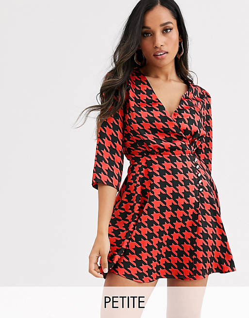 River Island Petite mini wrap dress in red houndstooth | ASOS