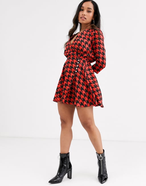 River Island Petite mini wrap dress in red houndstooth | ASOS