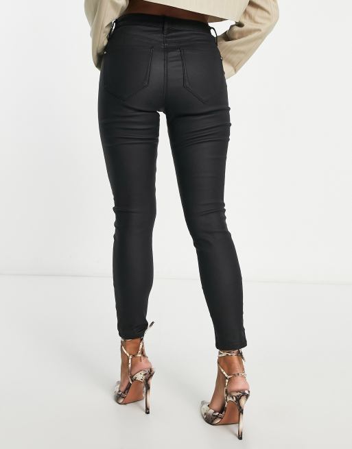 River Island High Waisted Coated Leggings In Black