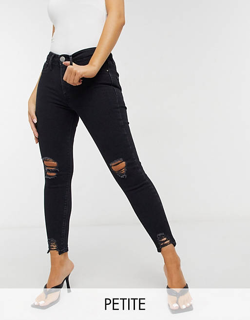 River Island Petite Molly raw hem skinny jeans in washed black | ASOS
