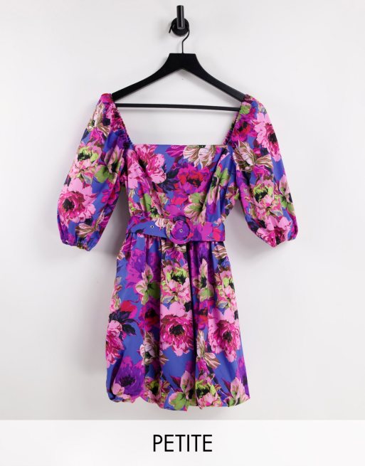 River Island Petite – Niebieska sukienka mini z bufiastymi rękawami, wzorem w kwiaty i paskiem