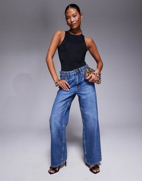 River Island Petite relaxed straight jean in midwash blue