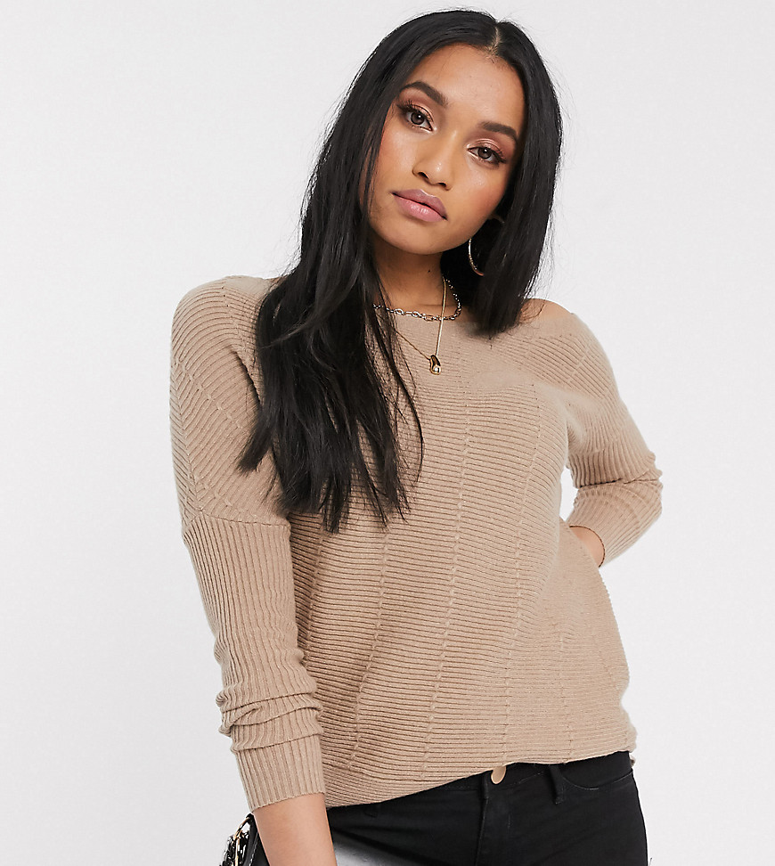 River Island Petite off the shoulder sweater in camel-Brown