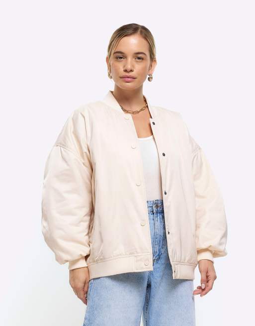 River Island Petite oversized bomber jacket in stone - light