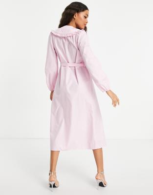 River Island Petite oversized collar tiered midi shirt dress in pink | ASOS