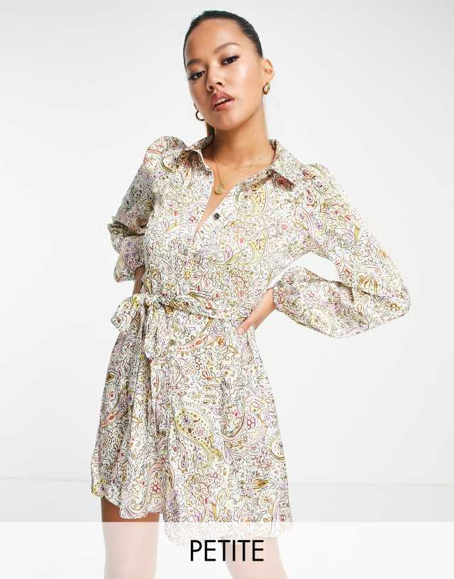 River Island Petite paisley satin shirt mini dress in white