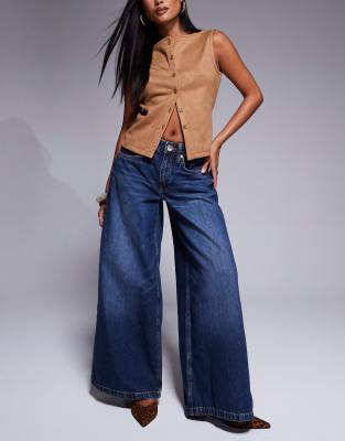 River Island Petite - Palazzo-Jeans in verwaschenem Dunkelblau