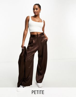 River Island Petite co-ord wide leg pleated dad trousers in dark brown - ASOS Price Checker