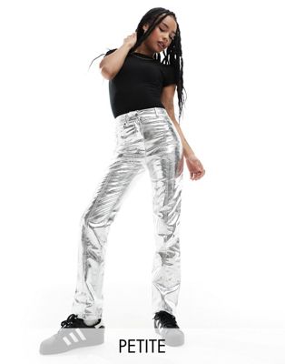 River Island Petite straight leg trouser in silver metallic - ASOS Price Checker