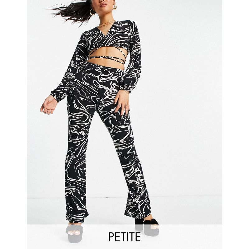 Donna Pantaloni e leggings River Island Petite - Coordinato con top e pantaloni a zampa neri con stampa marmorizzata