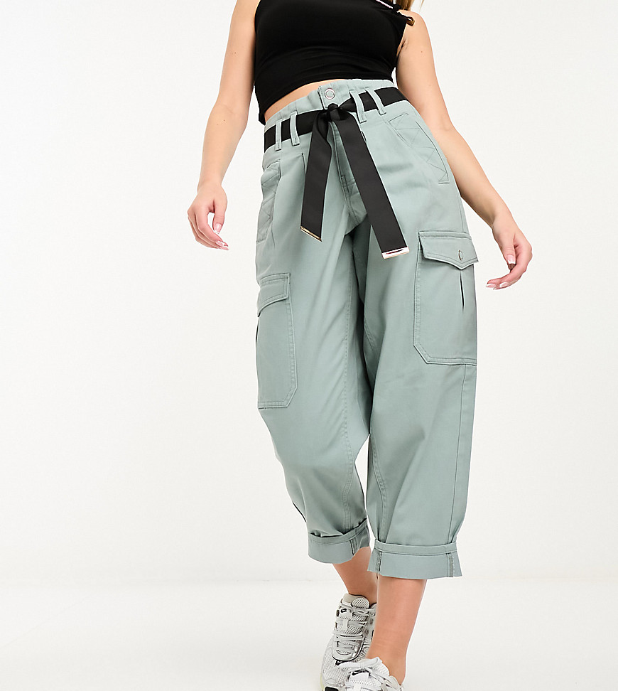 River Island Petite paperbag belted cargo trouser in blue
