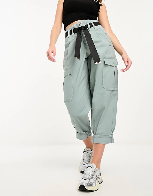 River Island Petite - paperbag belted cargo trouser in blue