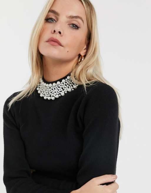 River Island Petite pearl collar sweater in black