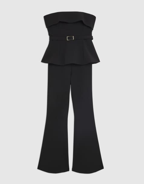 River Island Petite Petite bandeau peplum belted jumpsuit in black - view 1