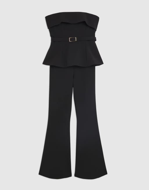 River Island Petite Petite bandeau peplum belted jumpsuit in black