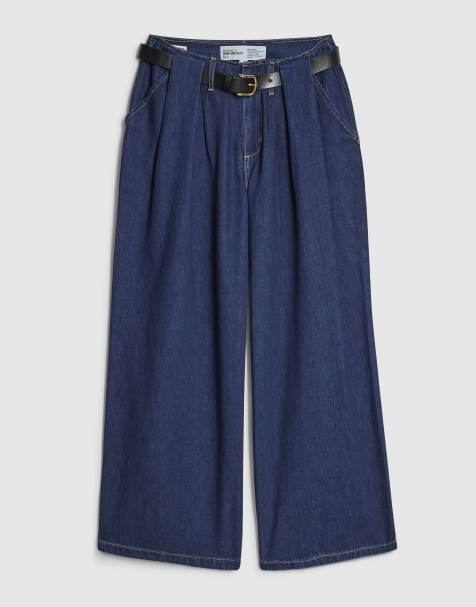 River Island Petite Petite belted pleated wide leg jeans in denim - dark - view 1